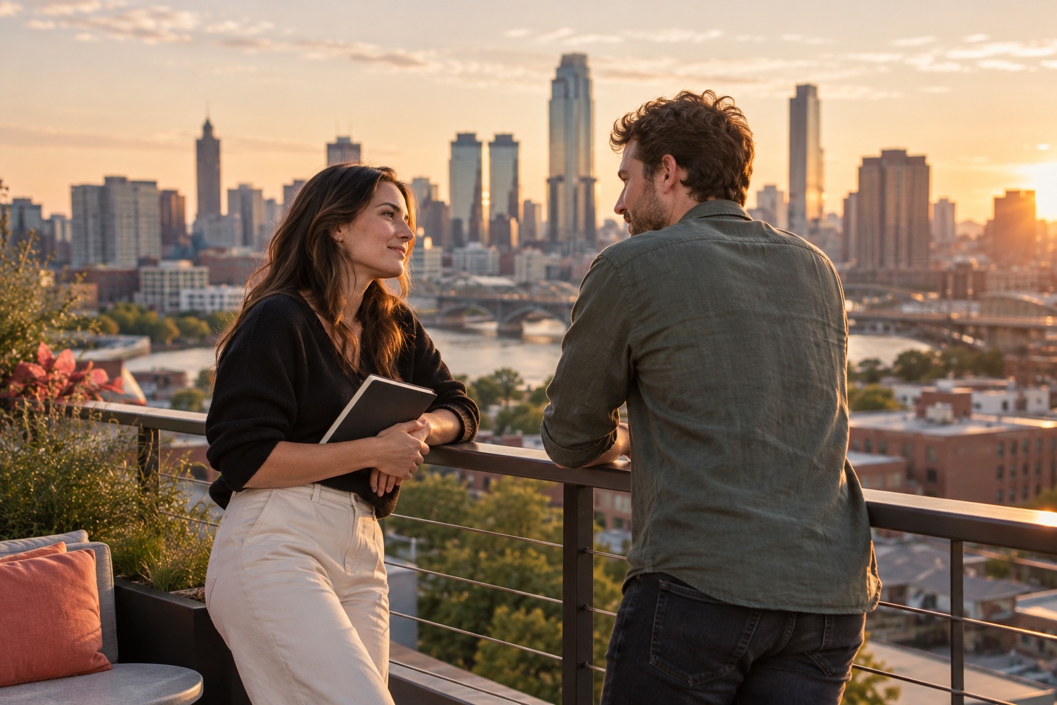 Two venture builders talking on a rooftop overlooking the city